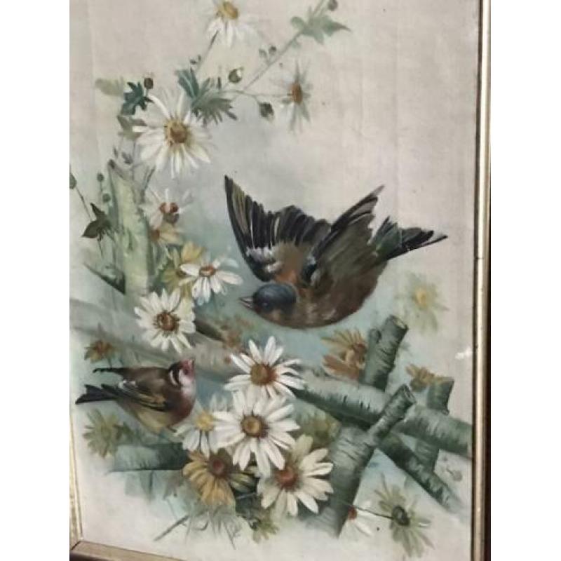 Antiek vogel schilderij Puttertjes 55/70 cm