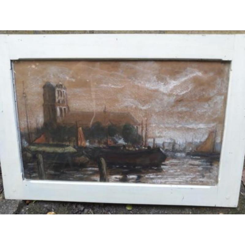 H. Mansveld stadsgezicht Dordrecht pastel schilderij 1952