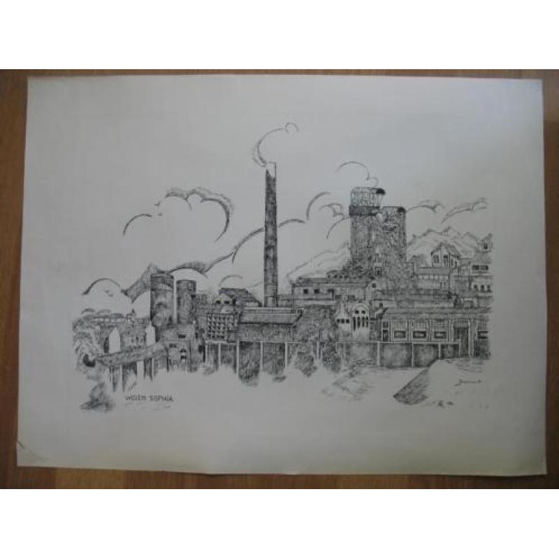 Vintage Ets Tekening- Steenkolenmijn Willen Sophia