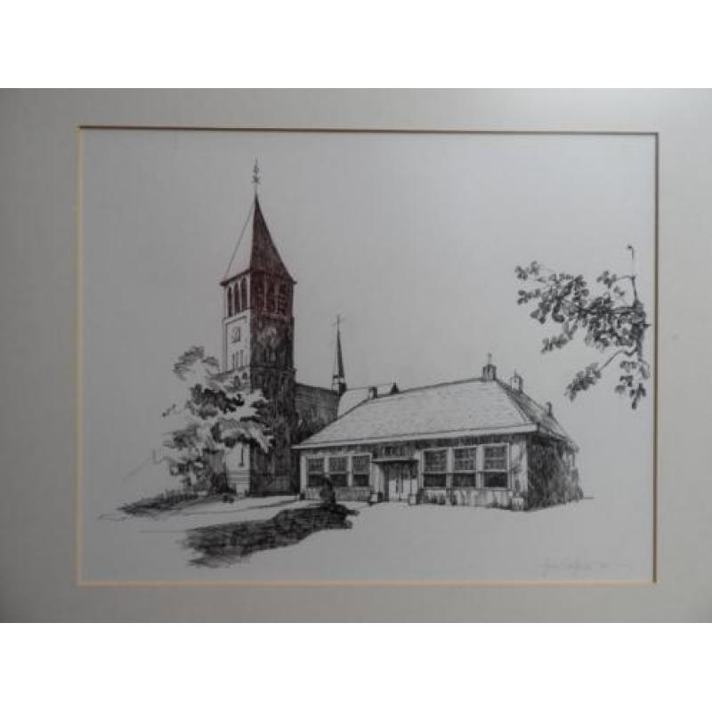 Pentekening kerk - Gesigneerd Hans Smolders