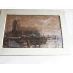 H. Mansveld stadsgezicht Dordrecht pastel schilderij 1952